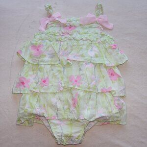 Baby Girl Size 6-9 Months FAO Pastel Green Floral Ruffle Summer Romper, Like New